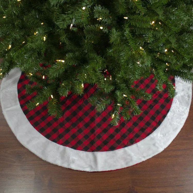 48" Red and Black Buffalo Plaid Christmas Tree Skirt with Faux Fur Trim