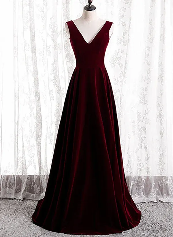 A-Line Velvet V-neckline Sleeveless Long Party Dress Prom Dresses Bridesmaid Dress