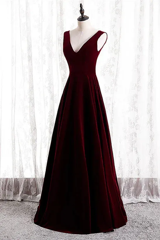 A-Line Velvet V-neckline Sleeveless Long Party Dress Prom Dresses Bridesmaid Dress