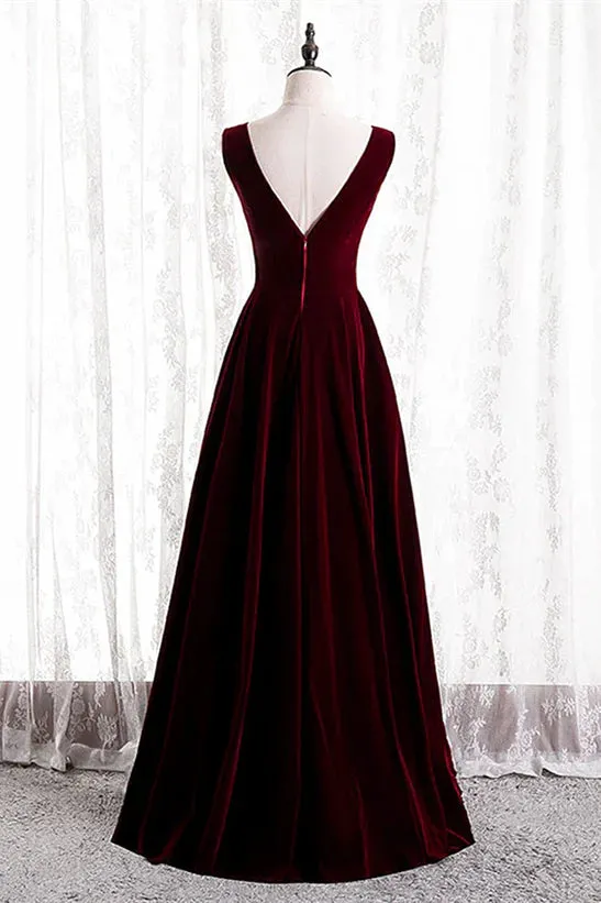 A-Line Velvet V-neckline Sleeveless Long Party Dress Prom Dresses Bridesmaid Dress