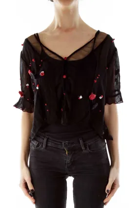 Black Beaded Flower Buttoned Blouse