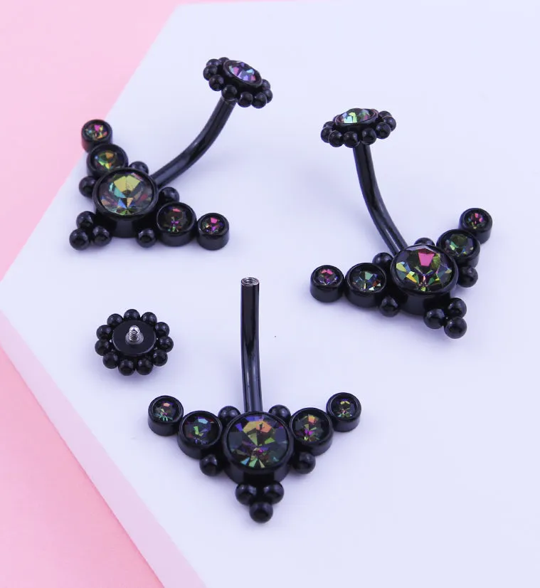 Black PVD Quinary Curve Black Aurora CZ Beaded Top Internally Threaded Stainless Steel Belly Button Ring