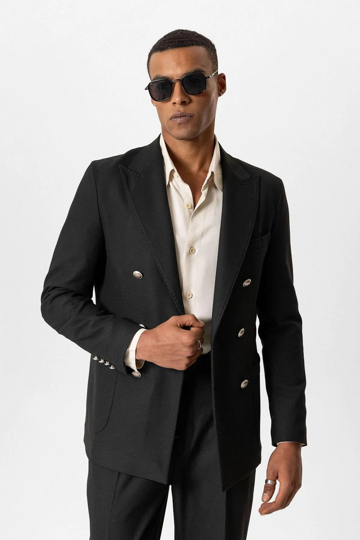 Black Unlined Double-Breasted Men's Blazer Jacket - Wessi