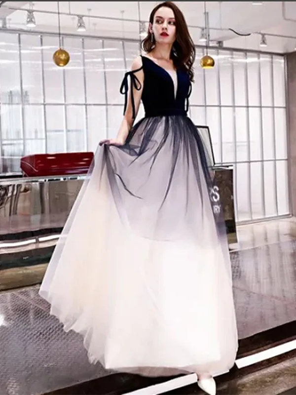 Black&White A-line Long Prom Dress, Tulle Long Evening Party Dress 2019