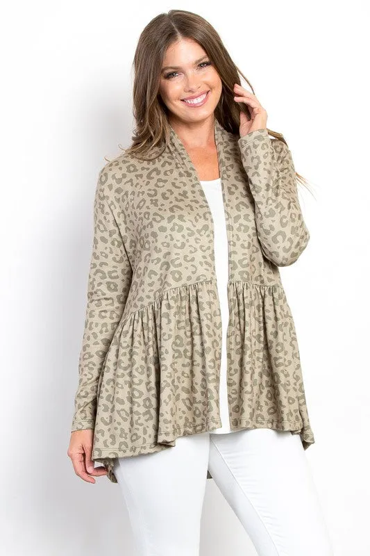 Blue Zone Planet |  Be Stage Full Size Peplum Leopard Open Front Long Sleeve Cardigan