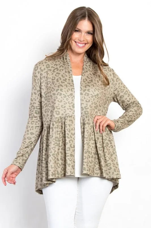 Blue Zone Planet |  Be Stage Full Size Peplum Leopard Open Front Long Sleeve Cardigan