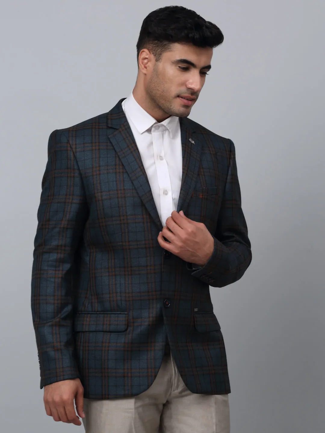 Bottle Green Checkered Full Sleeves Formal Blazer For Men