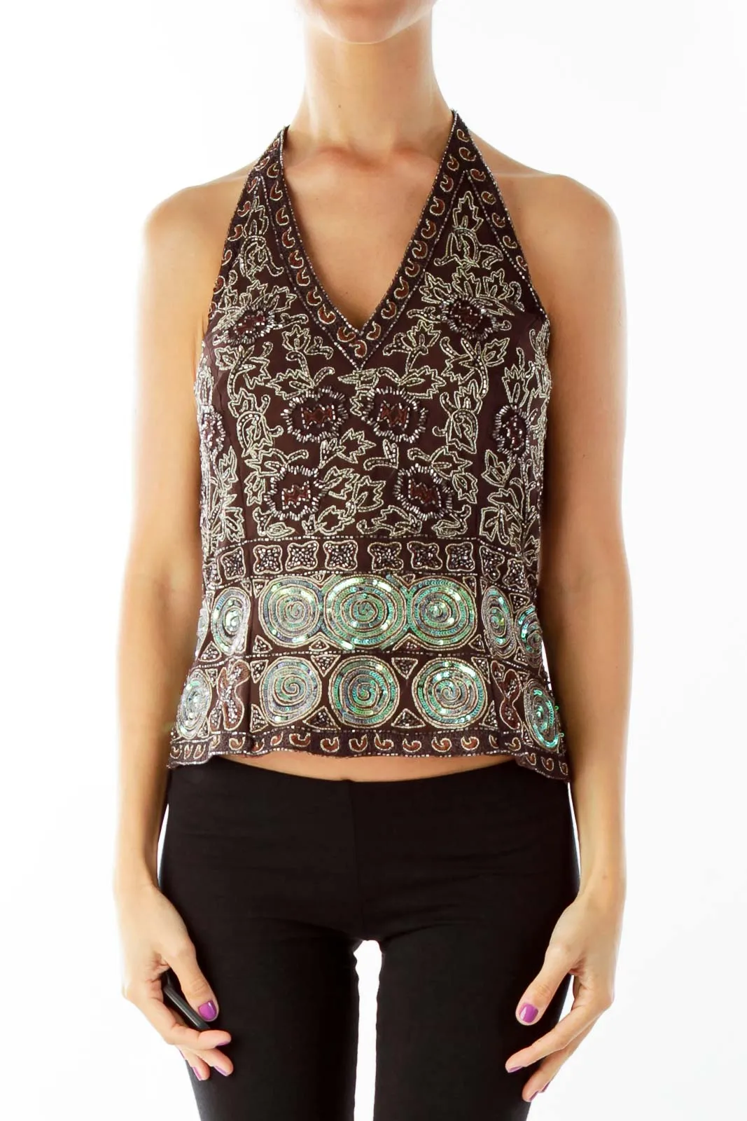 Brown Beaded Lace up Halter Top