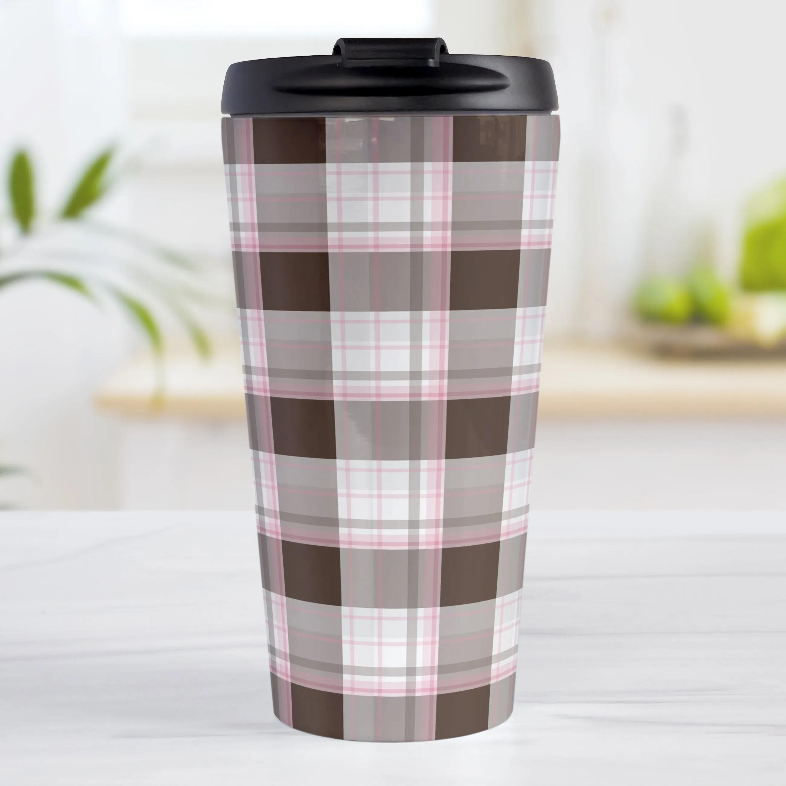 Brown Pink Plaid Travel Mug