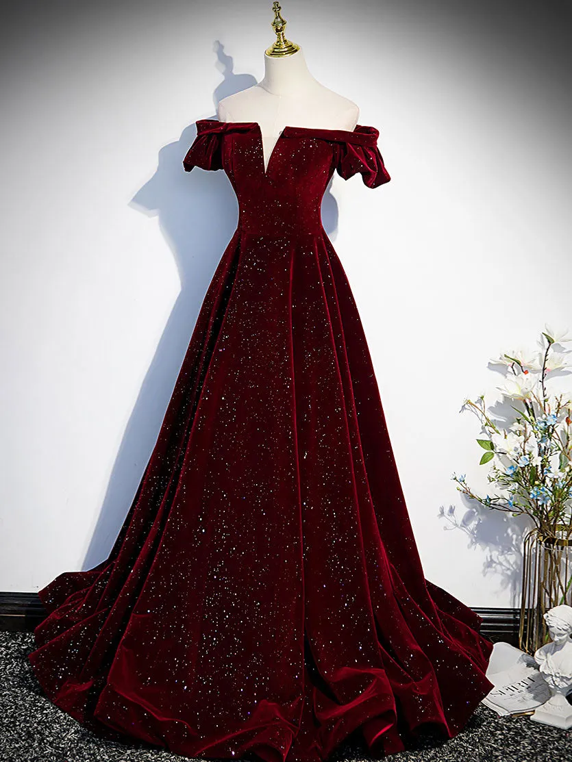 Burgundy Velvet Long Prom Dress, Burgundy Long Formal Dress