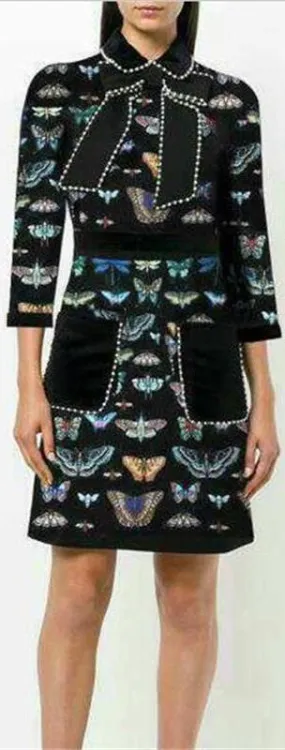 Butterfly-Print Embellished Velvet-Trim Mini Dress