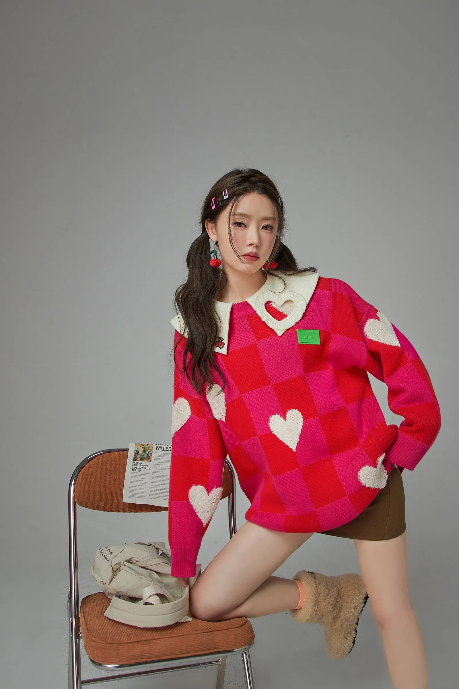 Fleece Hearts On Check Knit Sweater