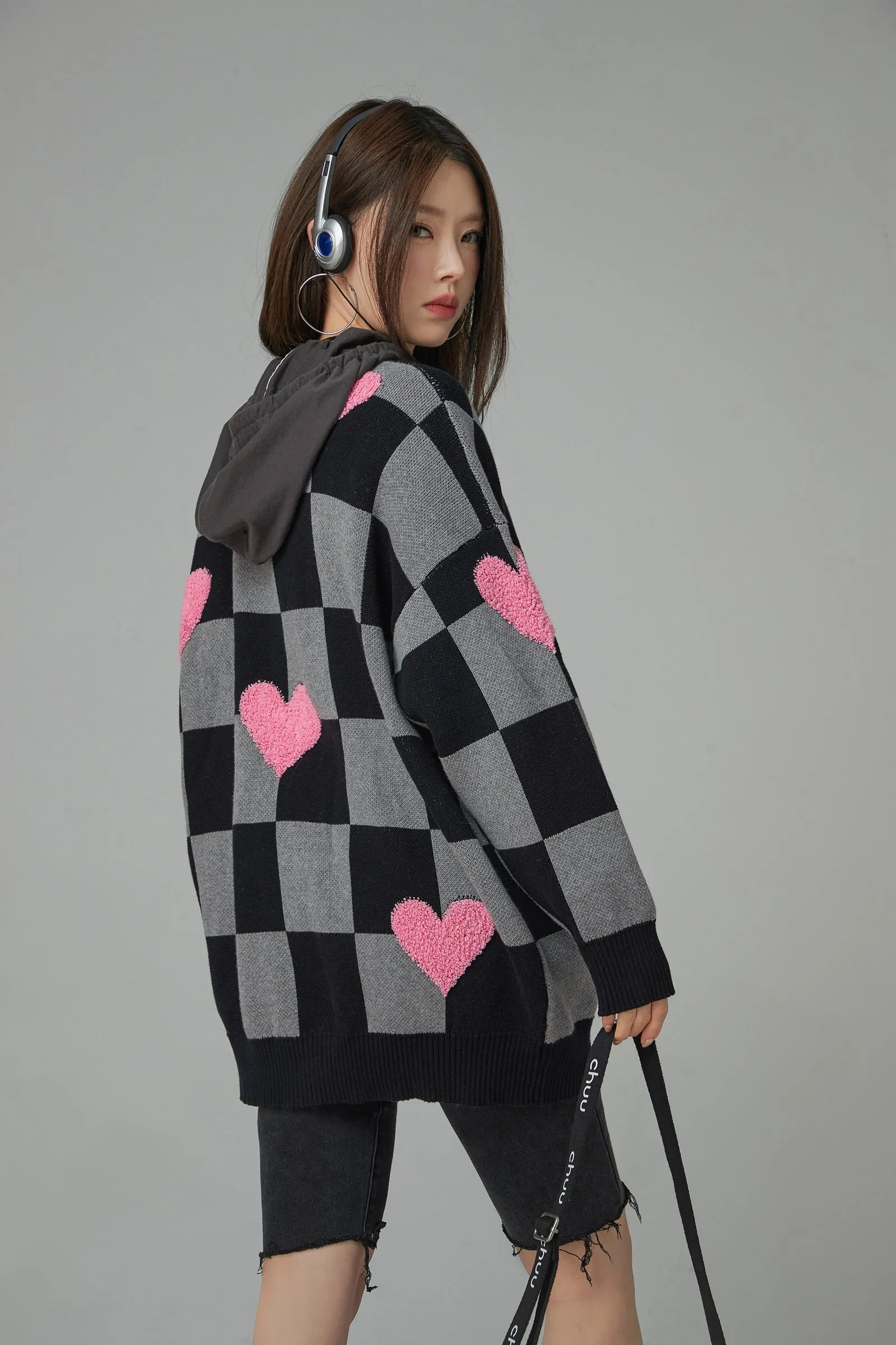 Fleece Hearts On Check Knit Sweater