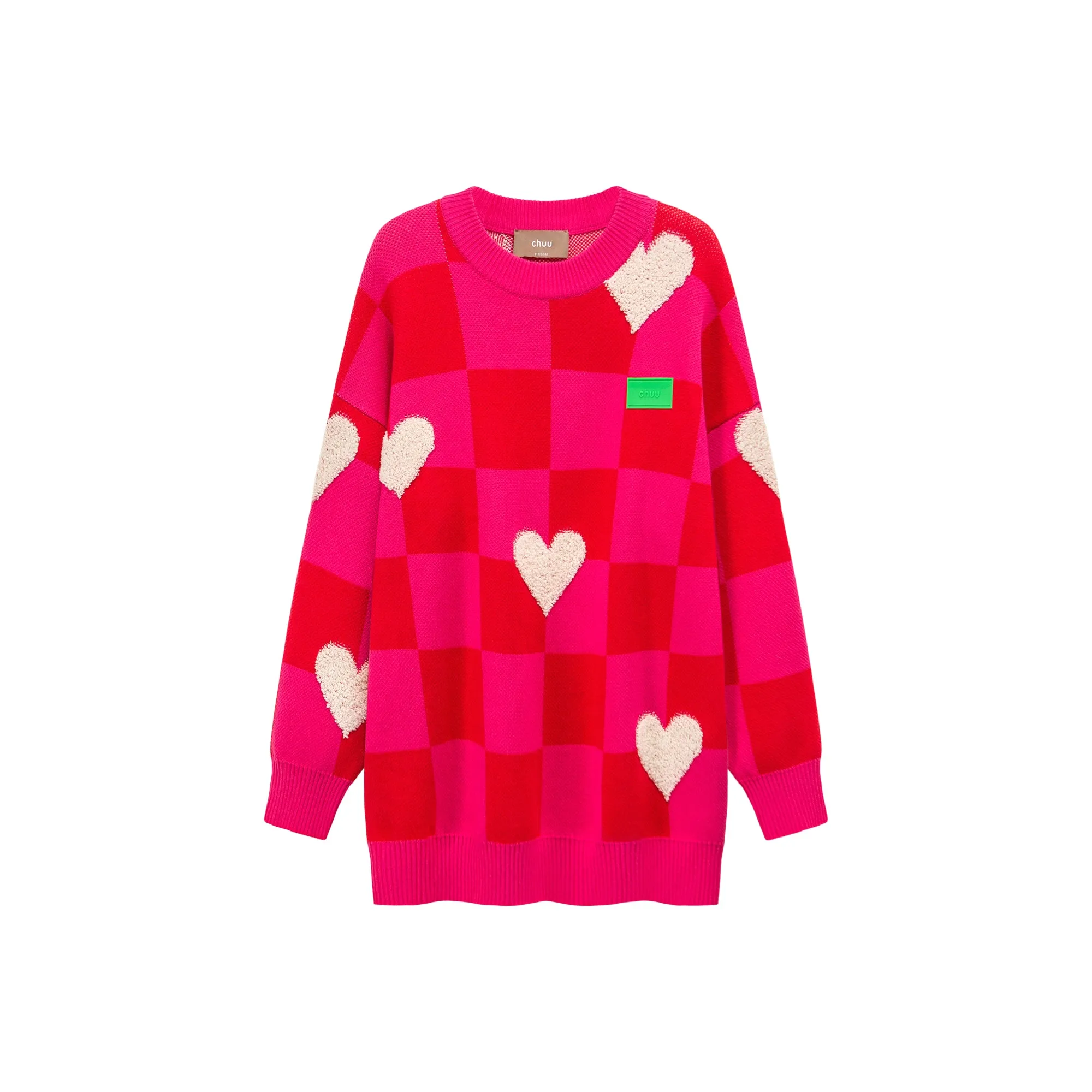 Fleece Hearts On Check Knit Sweater