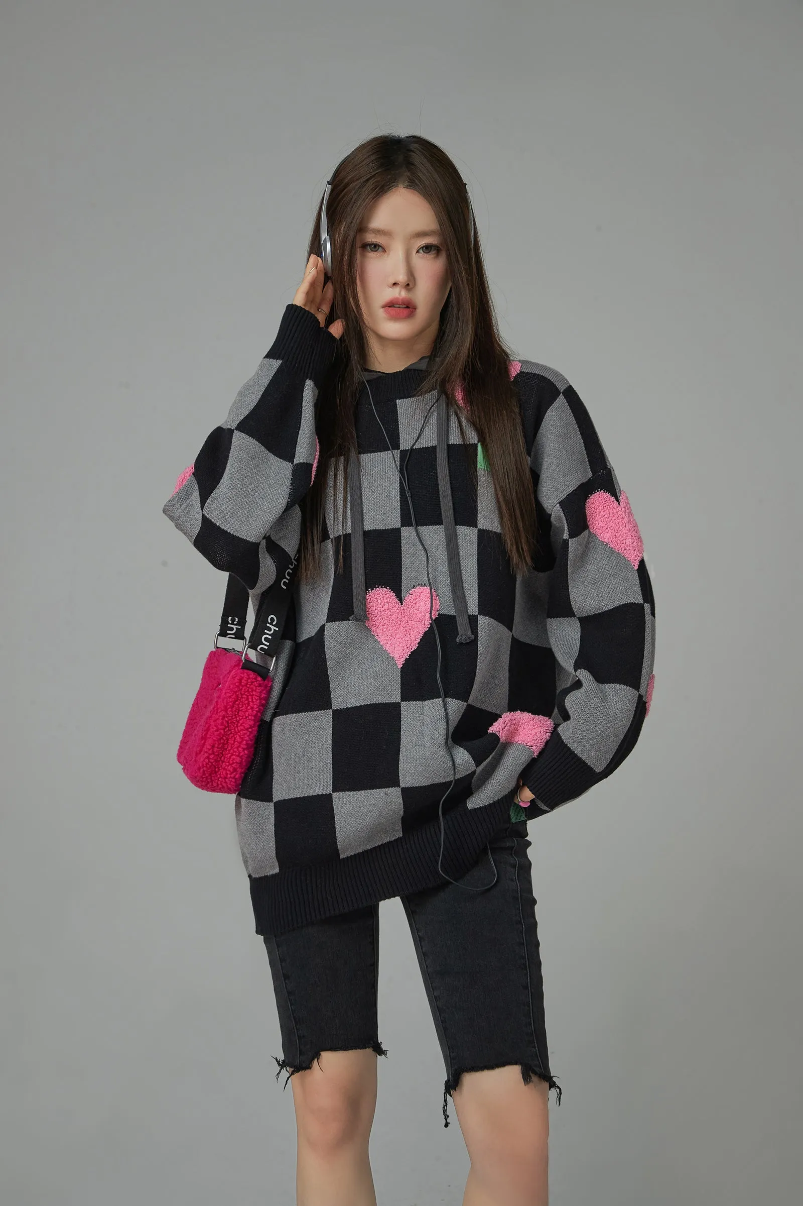 Fleece Hearts On Check Knit Sweater