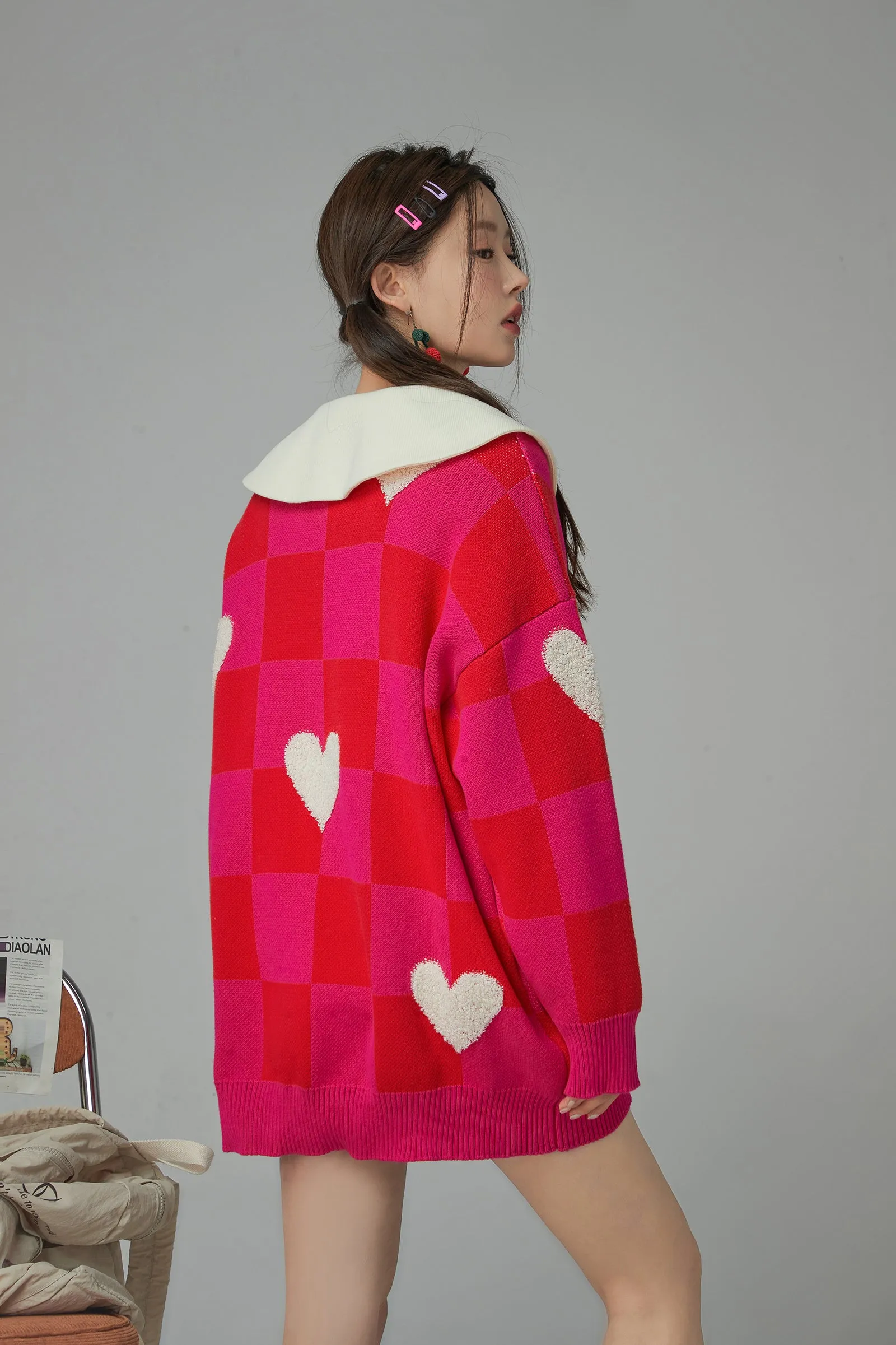 Fleece Hearts On Check Knit Sweater