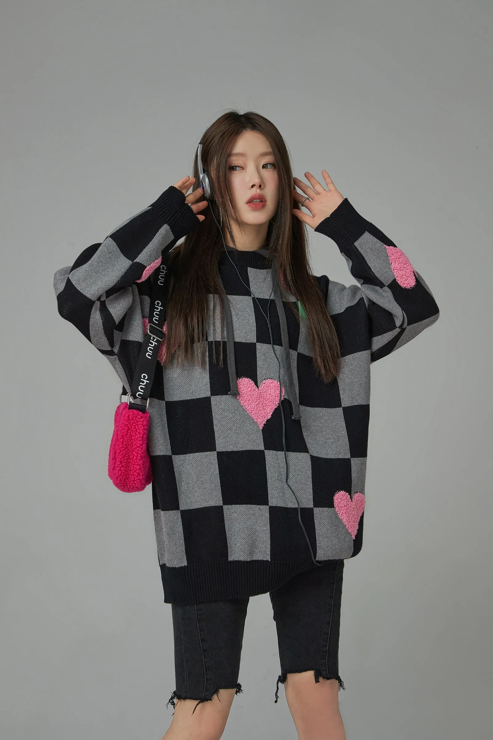 Fleece Hearts On Check Knit Sweater