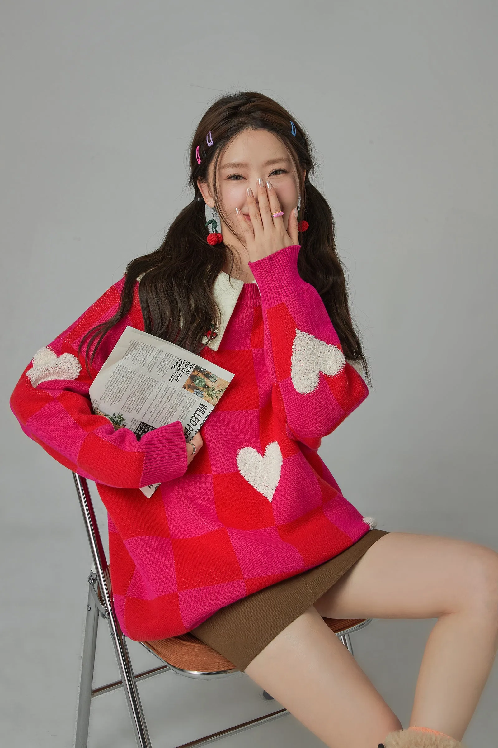 Fleece Hearts On Check Knit Sweater