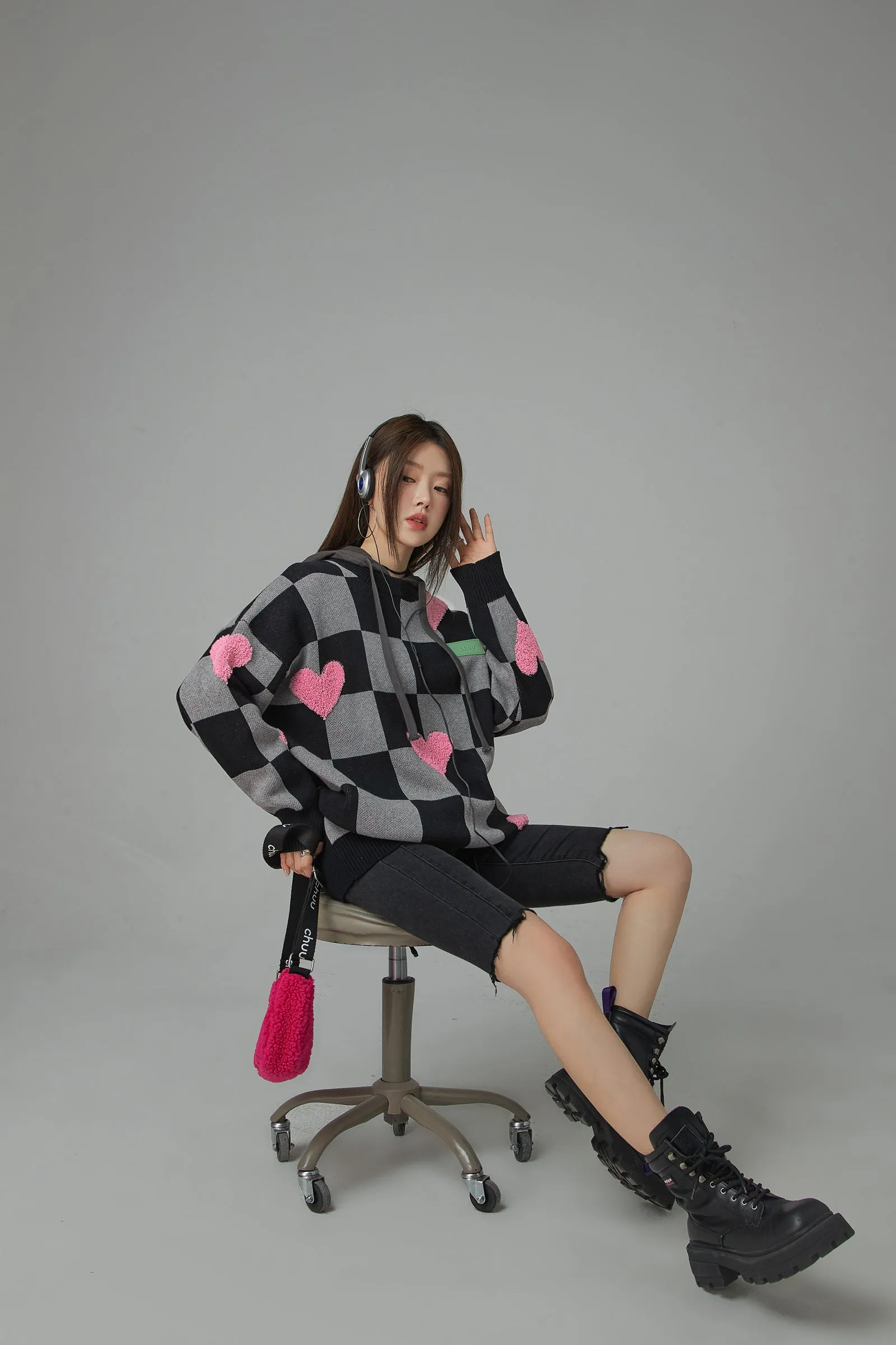 Fleece Hearts On Check Knit Sweater