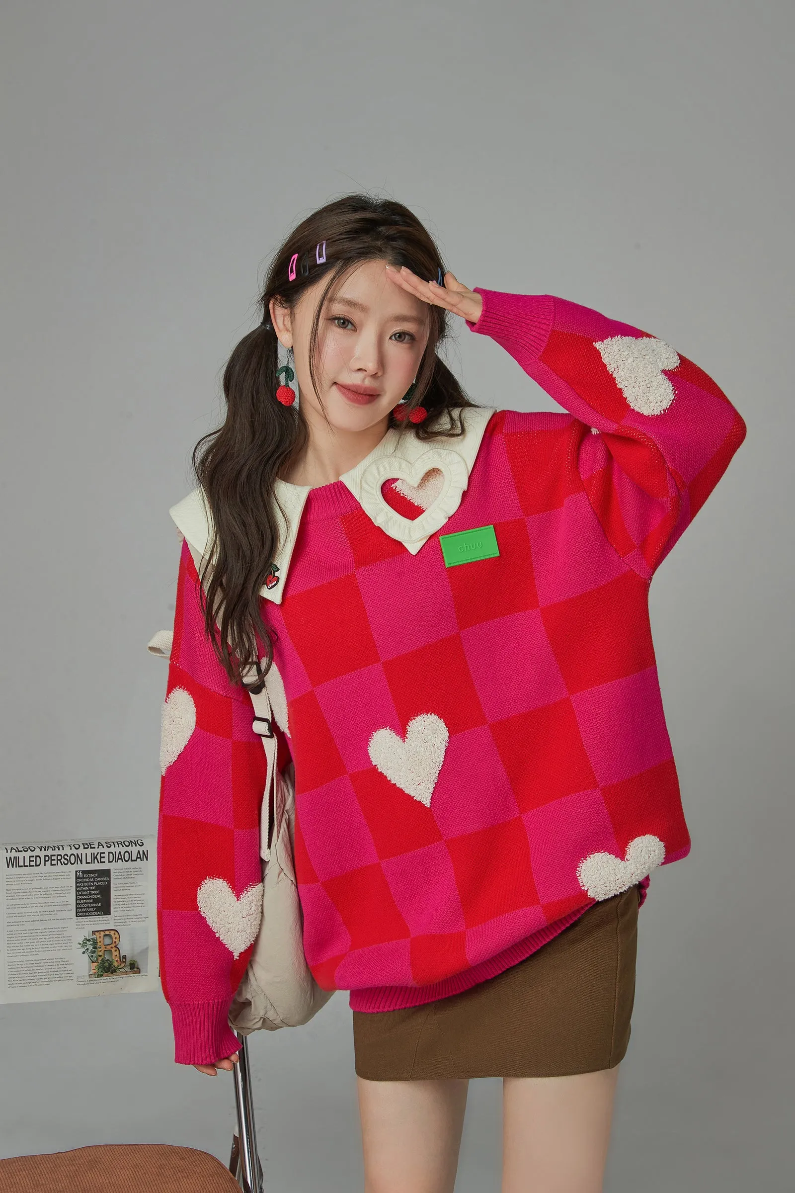 Fleece Hearts On Check Knit Sweater