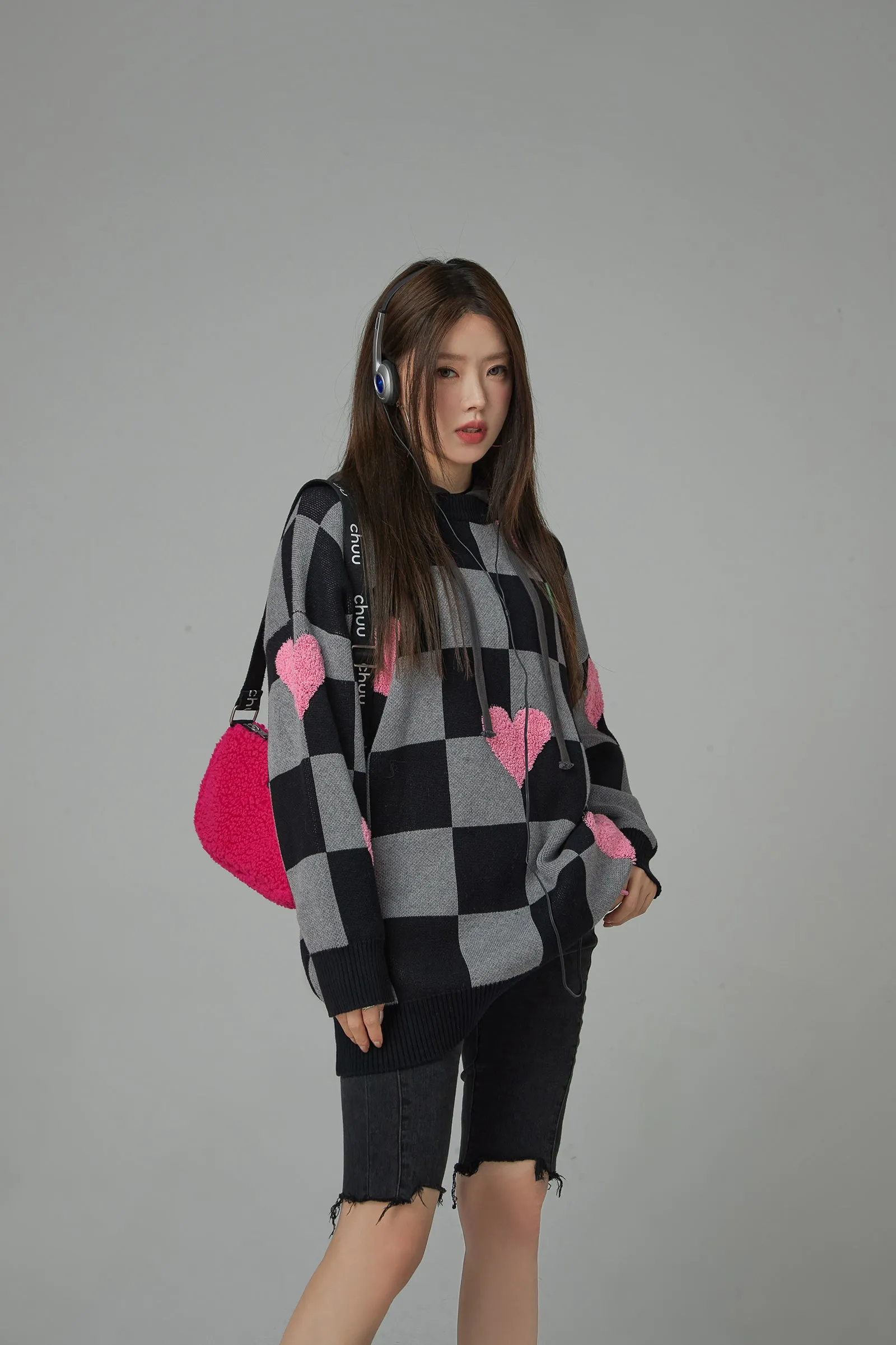 Fleece Hearts On Check Knit Sweater