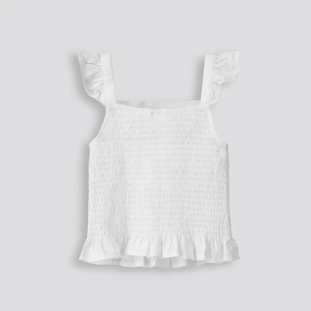 Girls Shirred Flutter Top _ 153429 _ Optic White