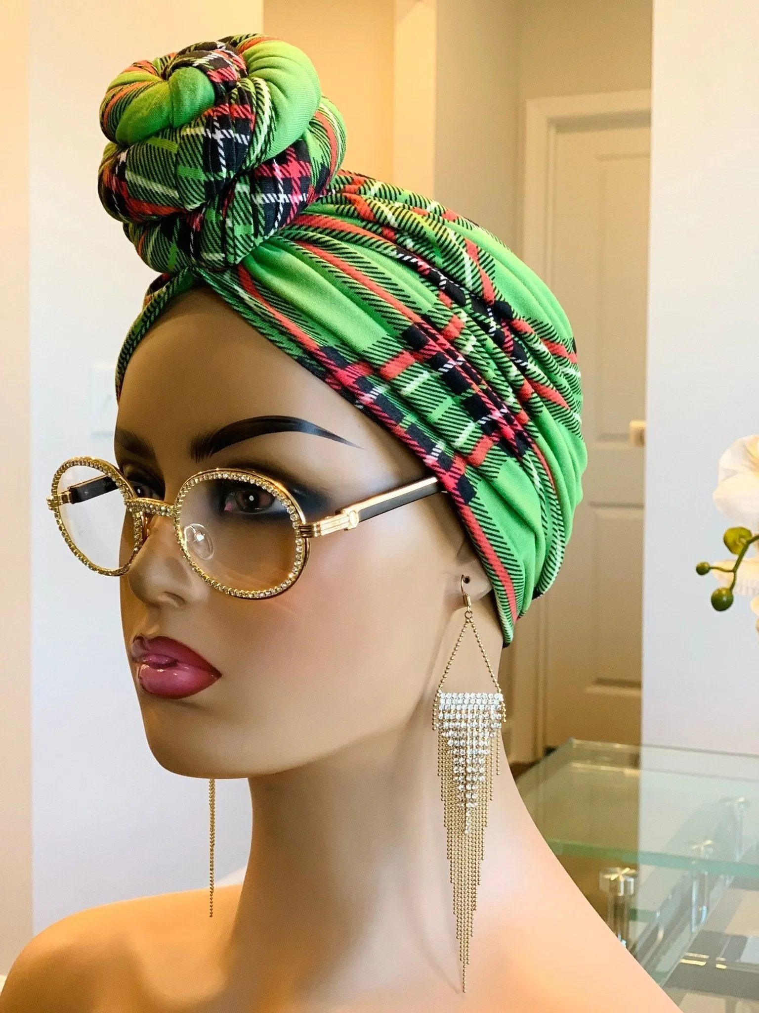 Green Plaid Pre-Tied Turban