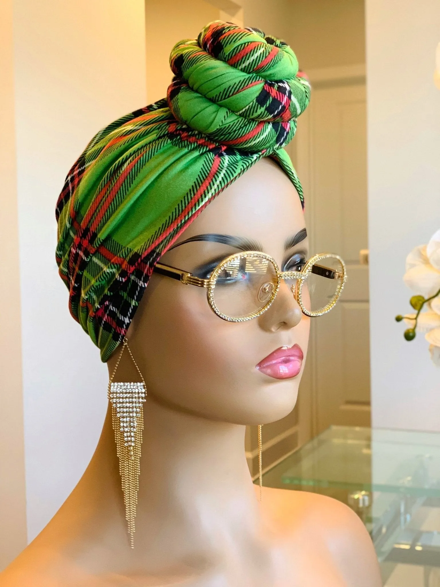 Green Plaid Pre-Tied Turban