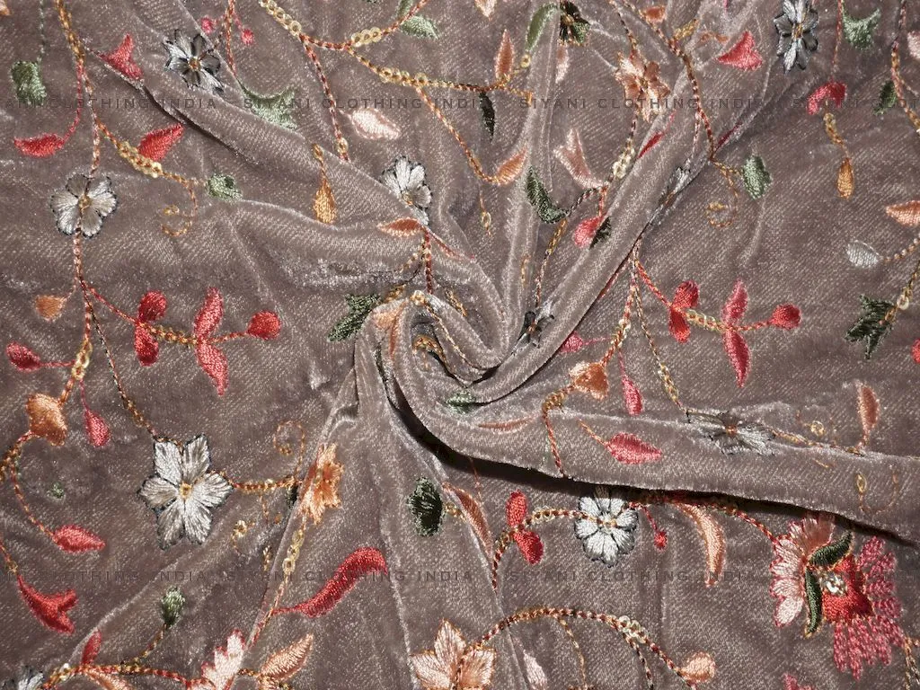 Grey Floral Embroidered Velvet Fabric