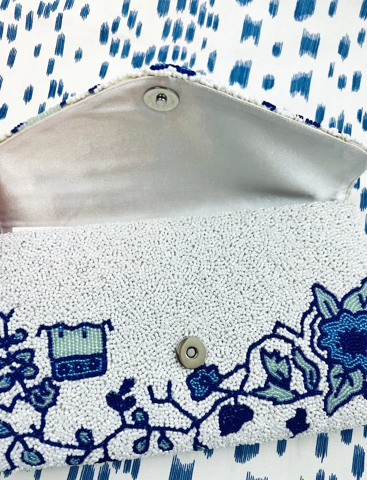 Hand beaded blue and white chinoiserie clutch *in stock!*