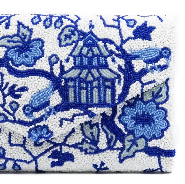 Hand beaded blue and white chinoiserie clutch *in stock!*