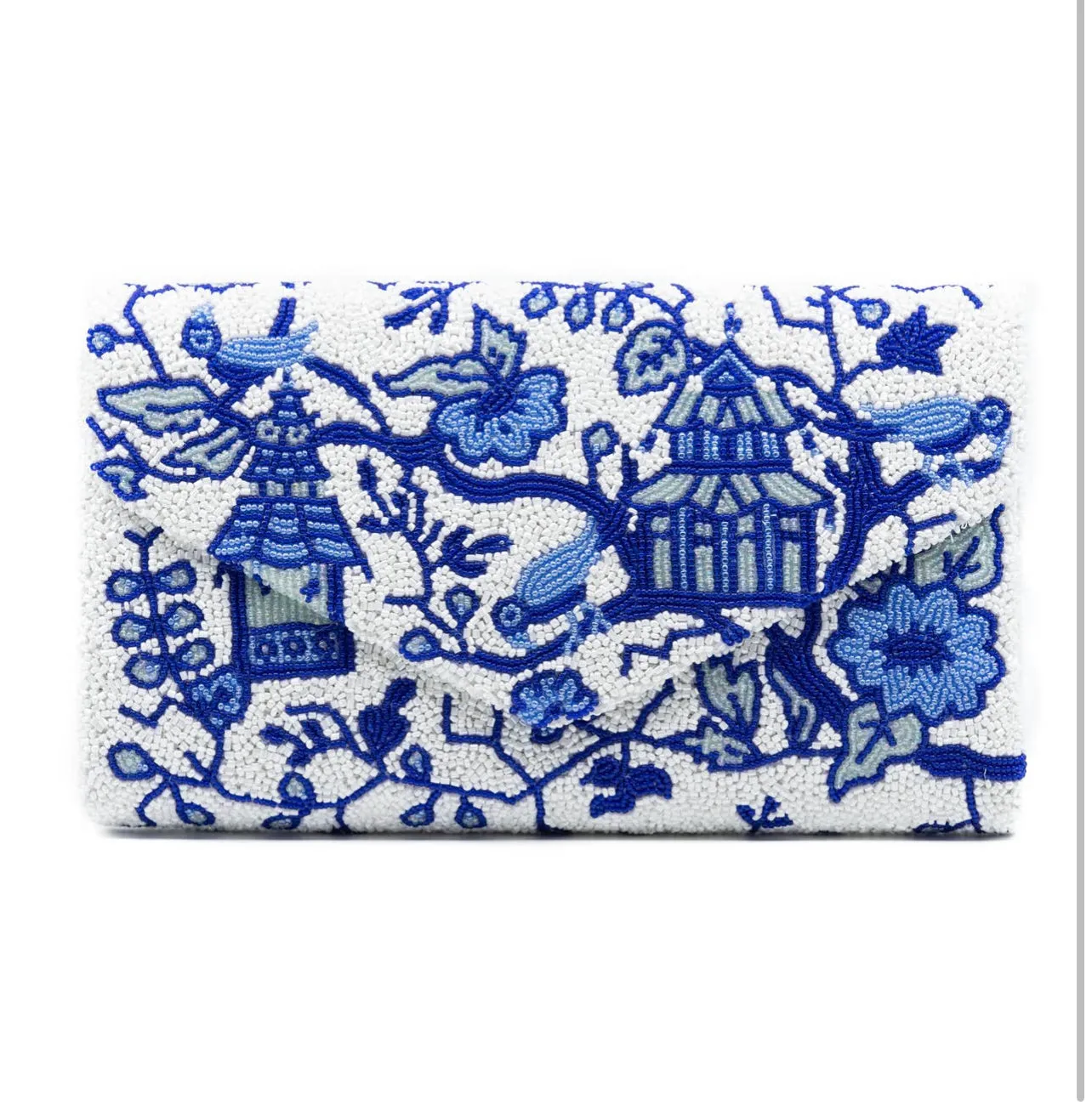 Hand beaded blue and white chinoiserie clutch *in stock!*