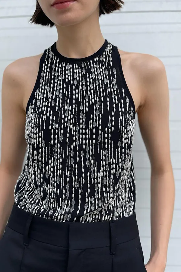 Hand Beaded Racer Top in Black