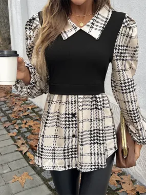 Houndstooth Business Peplum Shirt Top with Bishop Sleeves