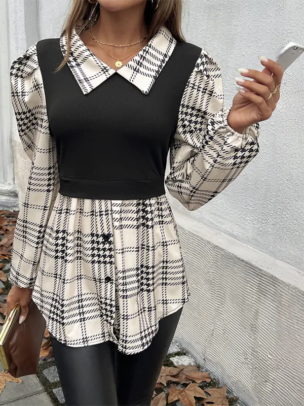 Houndstooth Business Peplum Shirt Top with Bishop Sleeves