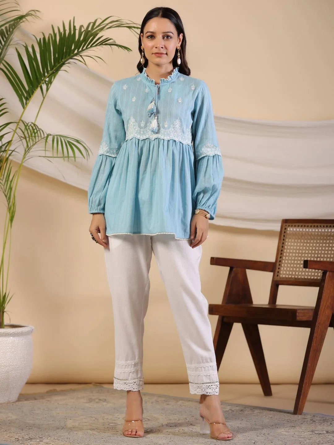 Jashvi Blue Ethnic motif Cotton Dobby Tunic with the thread embroidery