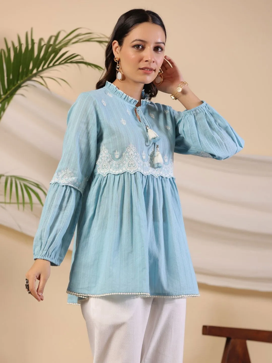 Jashvi Blue Ethnic motif Cotton Dobby Tunic with the thread embroidery