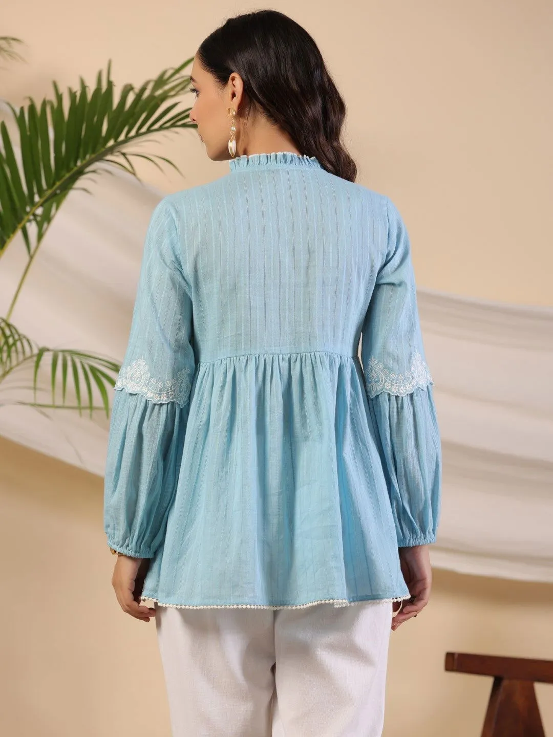 Jashvi Blue Ethnic motif Cotton Dobby Tunic with the thread embroidery