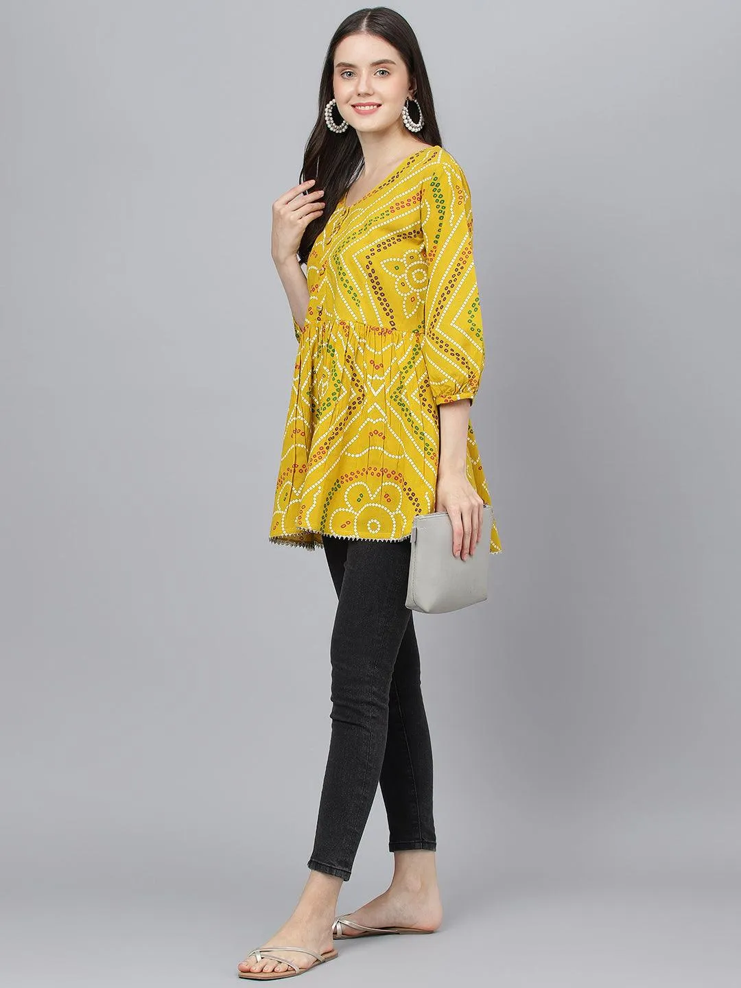 Jashvi Mustard Bandhani Printed Cotton Peplum Top