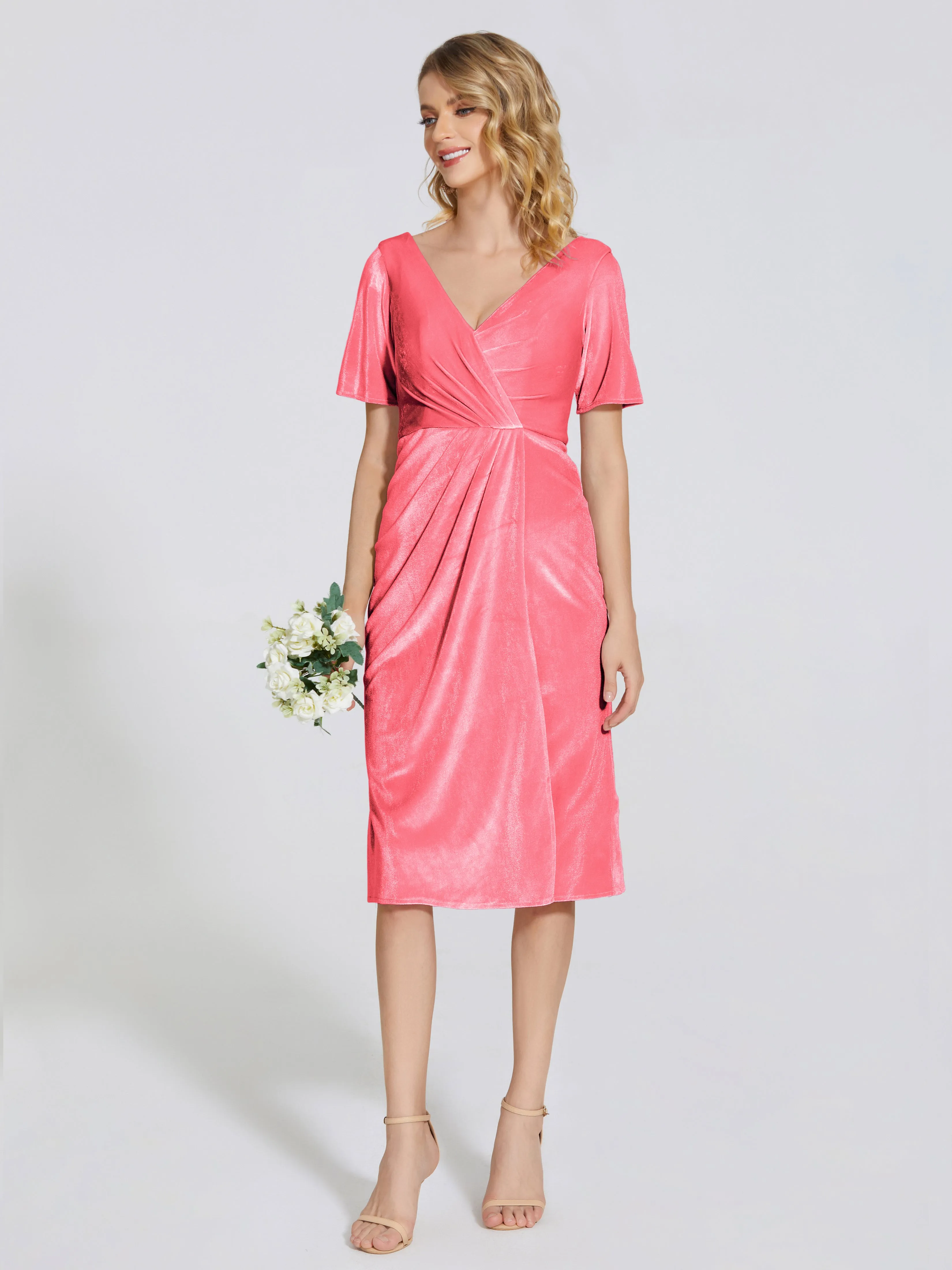 Kendall Flattering V-neck Knee Length Velvet Bridesmaid Dresses