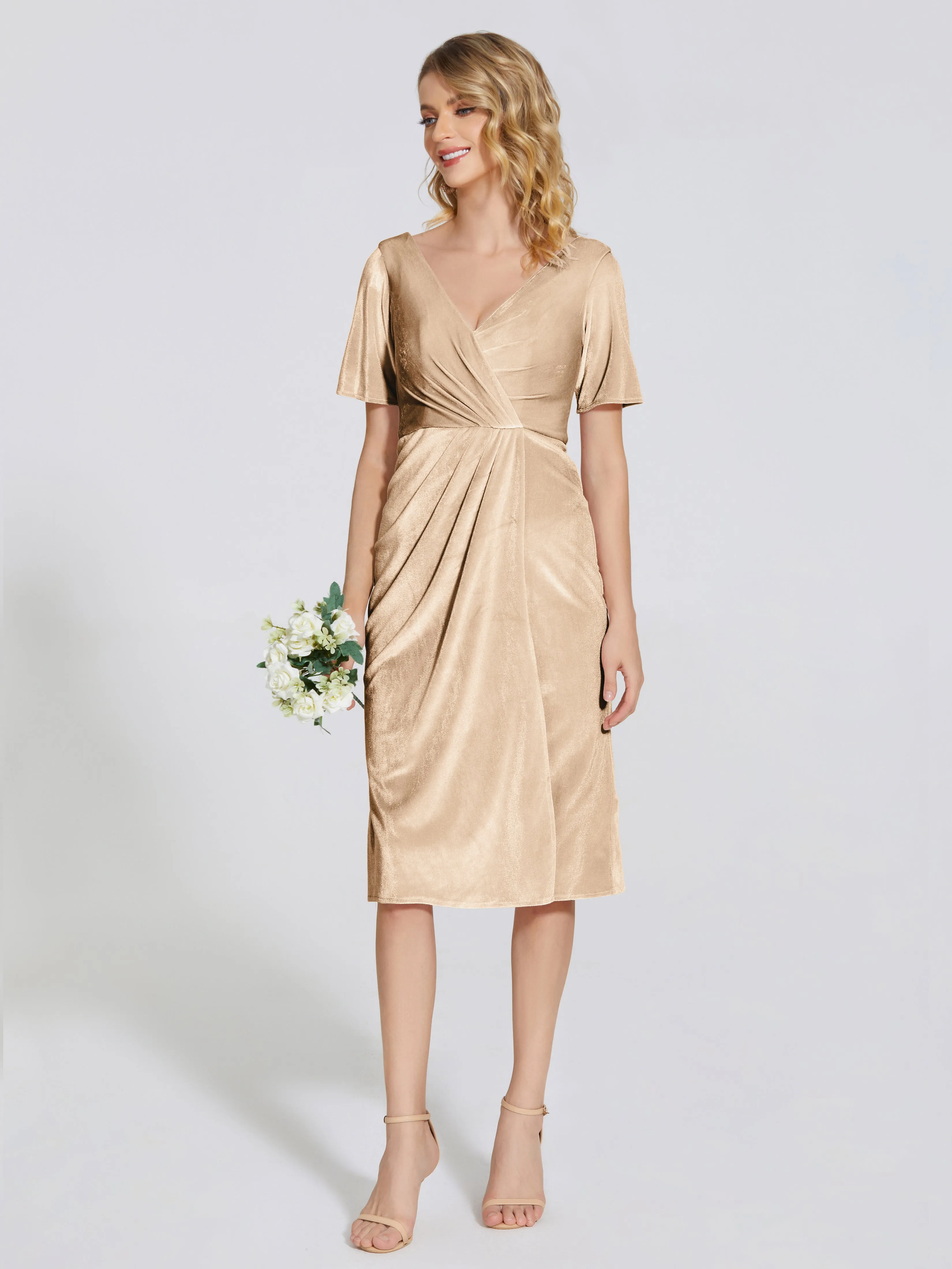 Kendall Flattering V-neck Knee Length Velvet Bridesmaid Dresses