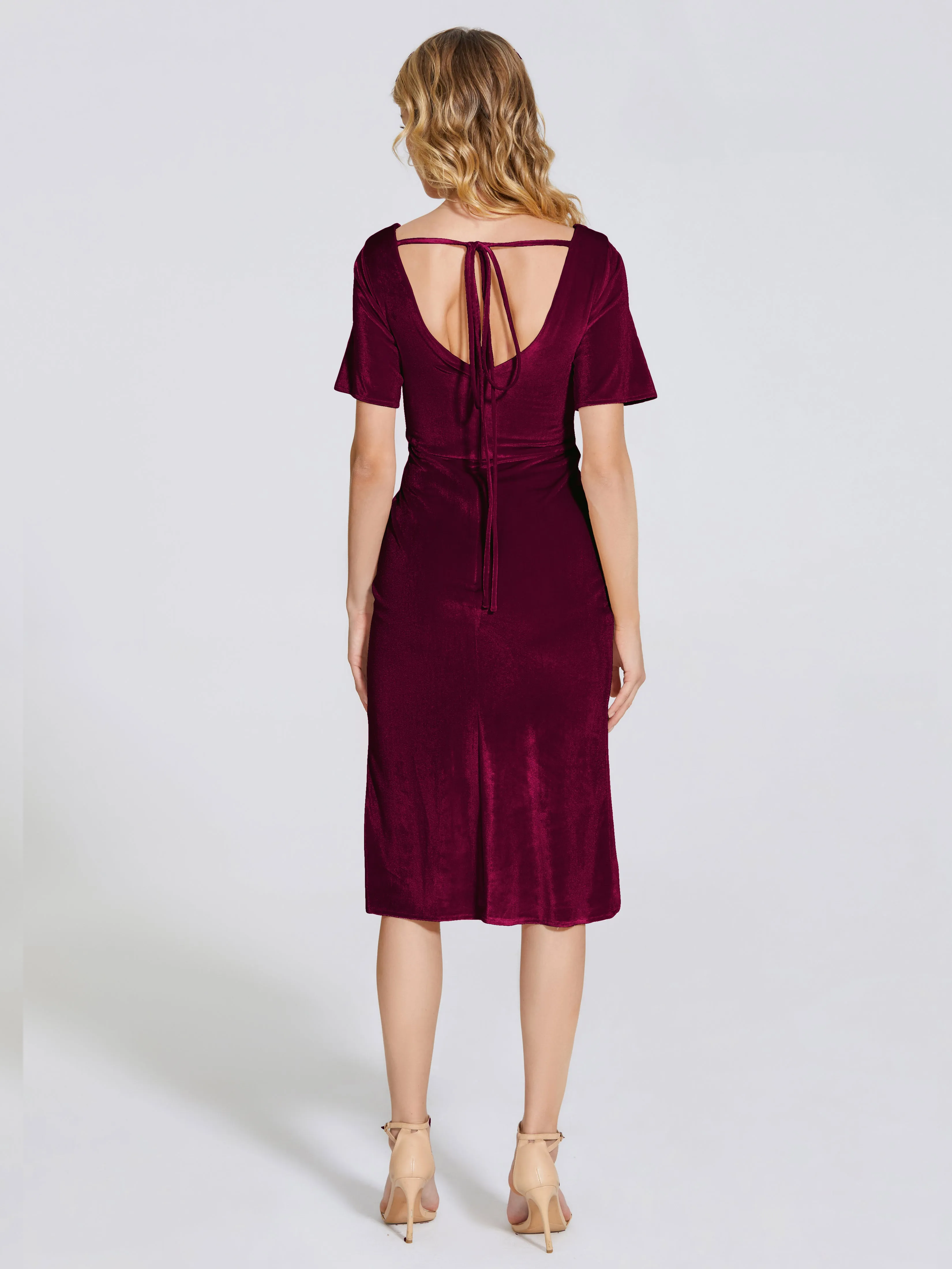 Kendall Flattering V-neck Knee Length Velvet Bridesmaid Dresses