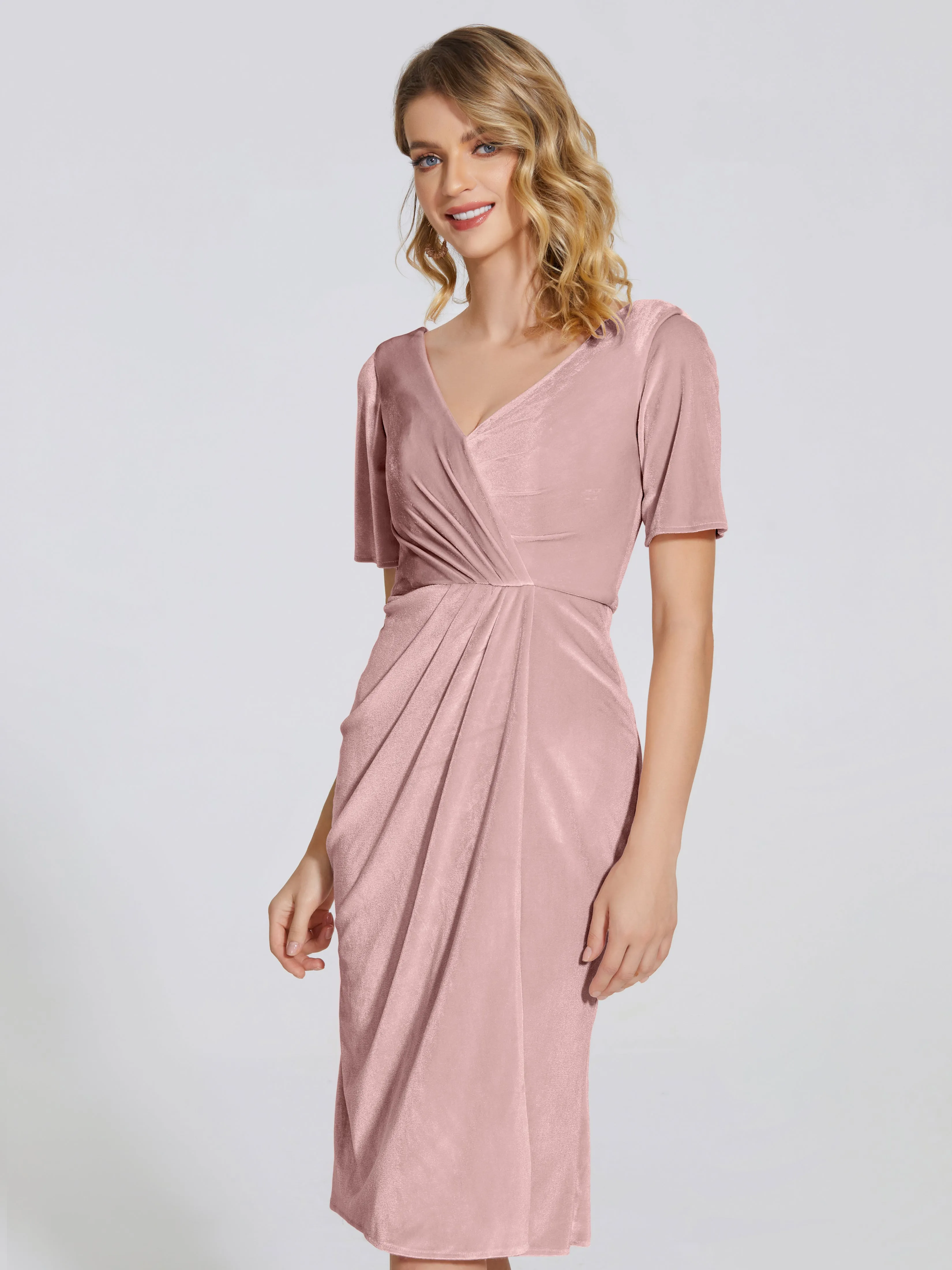 Kendall Flattering V-neck Knee Length Velvet Bridesmaid Dresses