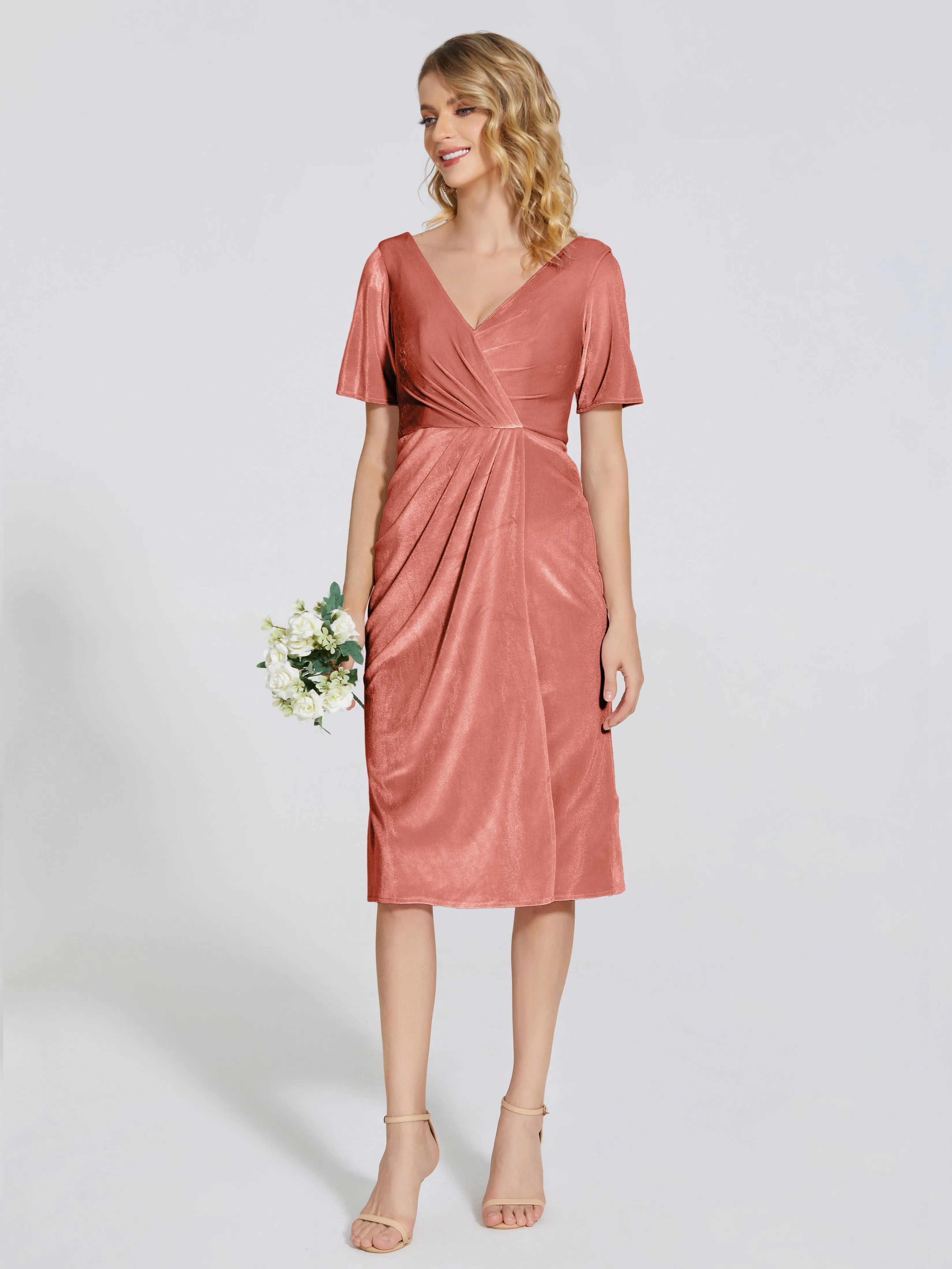 Kendall Flattering V-neck Knee Length Velvet Bridesmaid Dresses