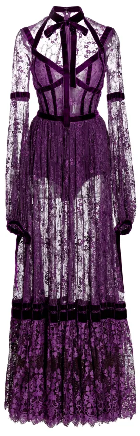 Lace Long-Sleeve Dress, Purple