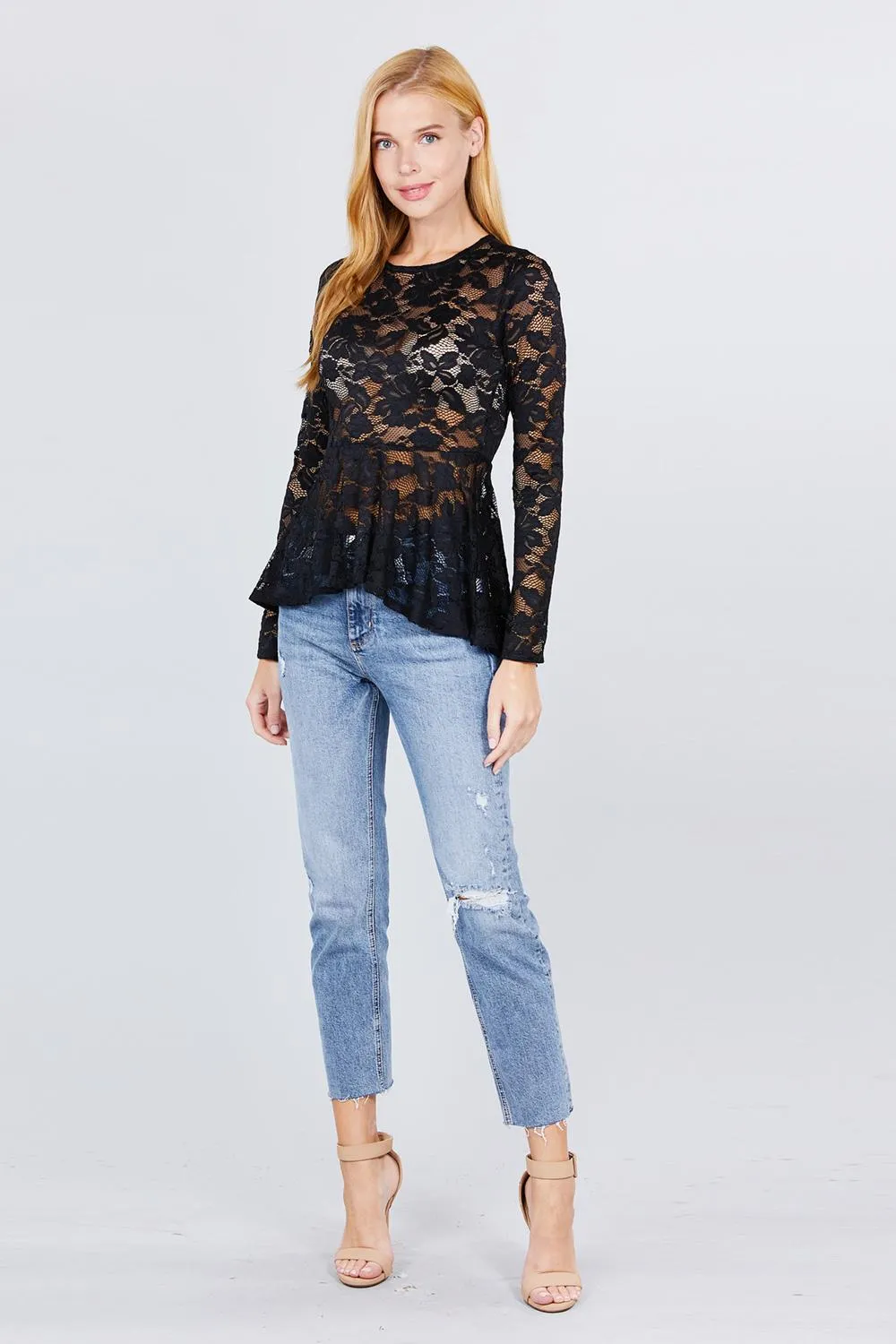 Long Sleeve Round Neck Peplum Lace Top