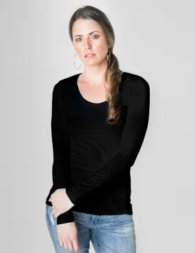 Majestic Long Sleeve Viscose Scoop Neck Tee in Black