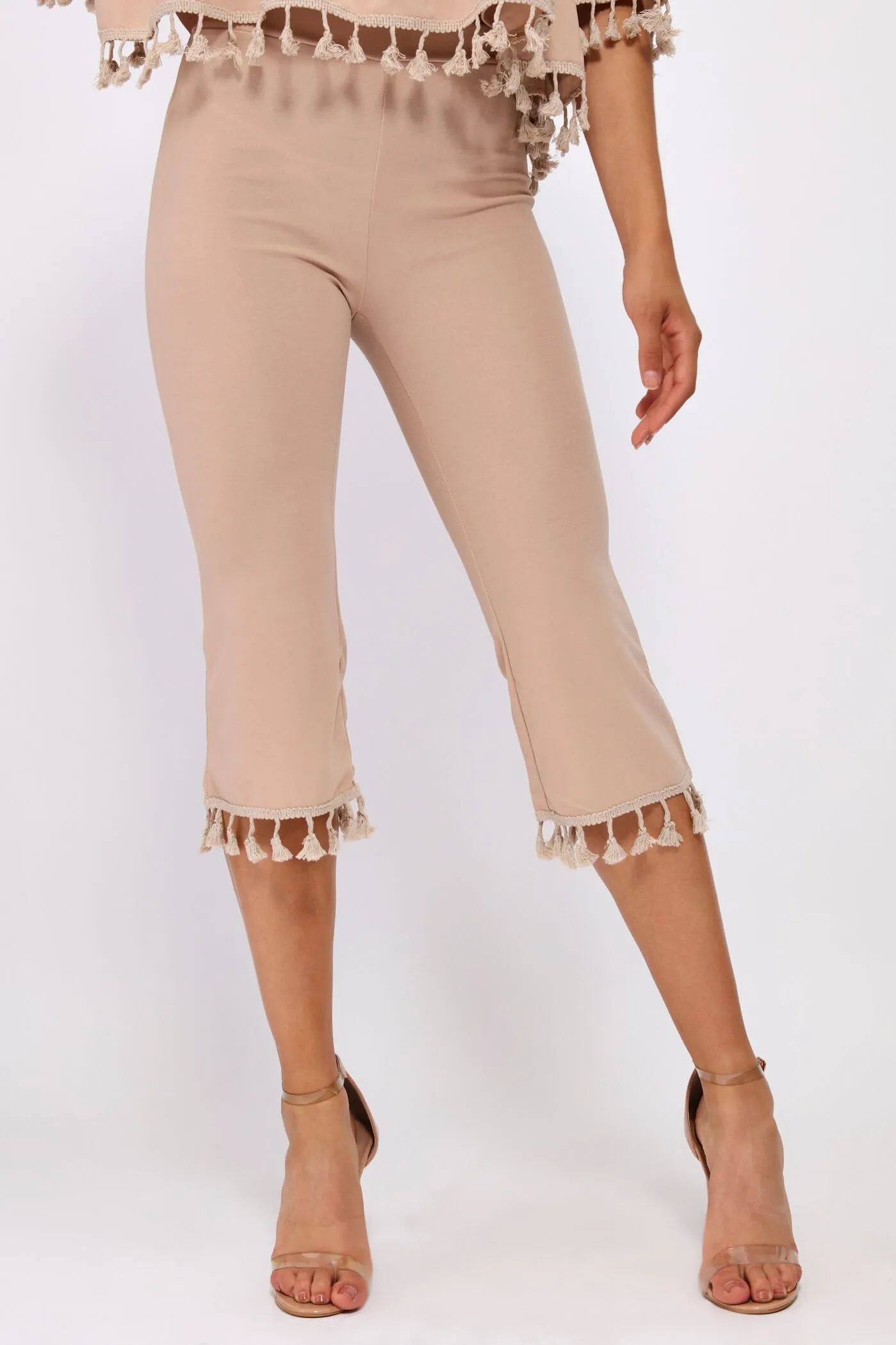 Nude Tassel Hem Cropped Trousers