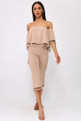 Nude Tassel Hem Cropped Trousers