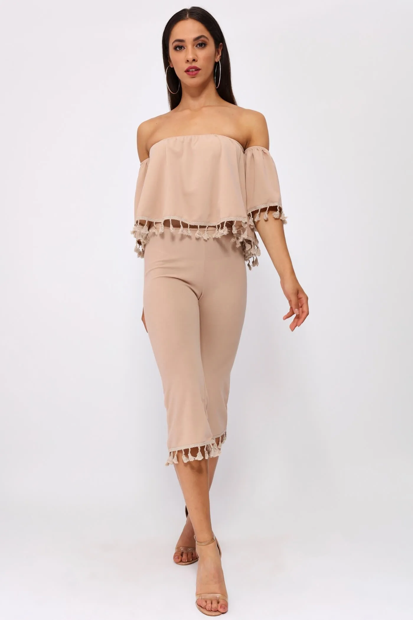 Nude Tassel Hem Cropped Trousers